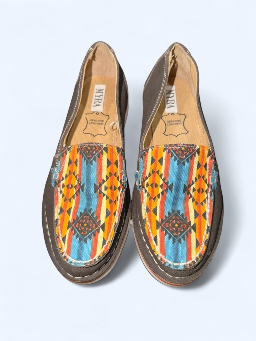 NWOT Myra Brown Loafers with Orange & Turquoise Aztec Pattern